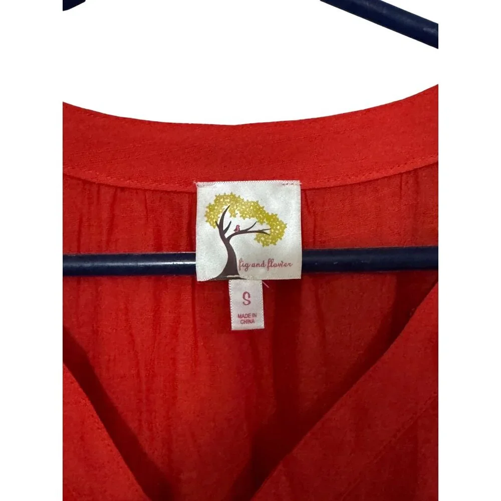 Fig‎ and Flower Red Embroidered Boho Ruffle Sleeve Babydoll Mini Dress Small x1